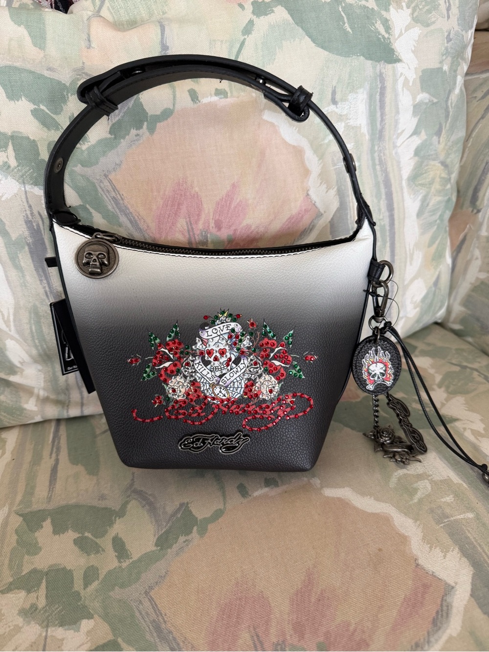 Ed Hardy Ombre Rhinestone Skull Mini Hobo Shoulder Bag NWT Love Kills Slowly